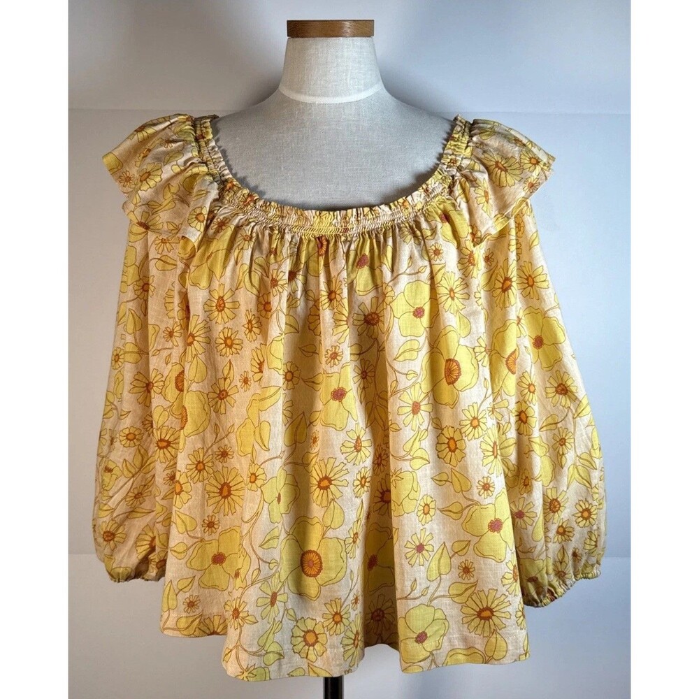 Free People Miss Daisy Floral Flowy Top Large Yellow Peasant Ruffle Fall